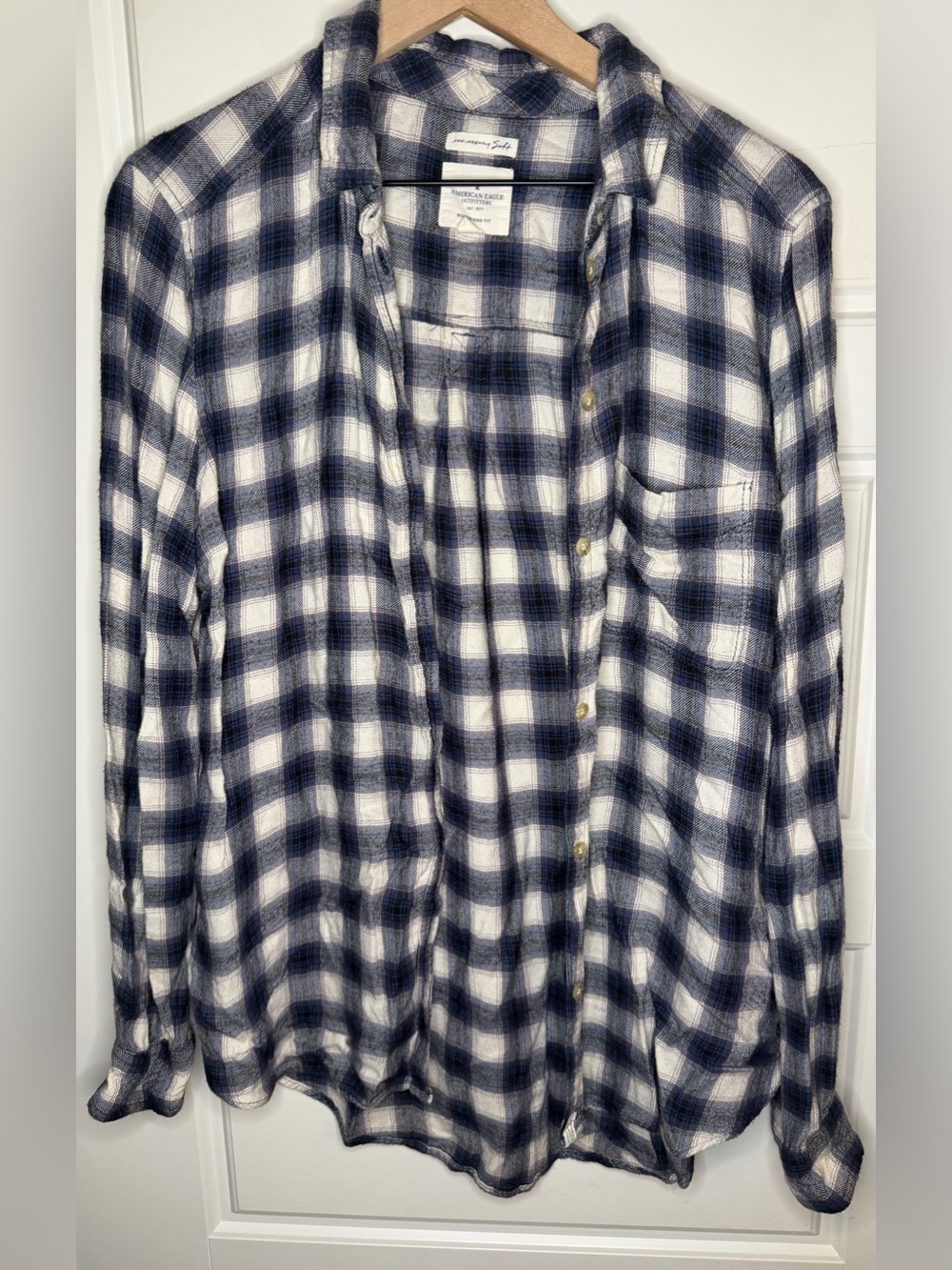 American Eagle Outfitters Navy and White Plaid Button-Down Shirt